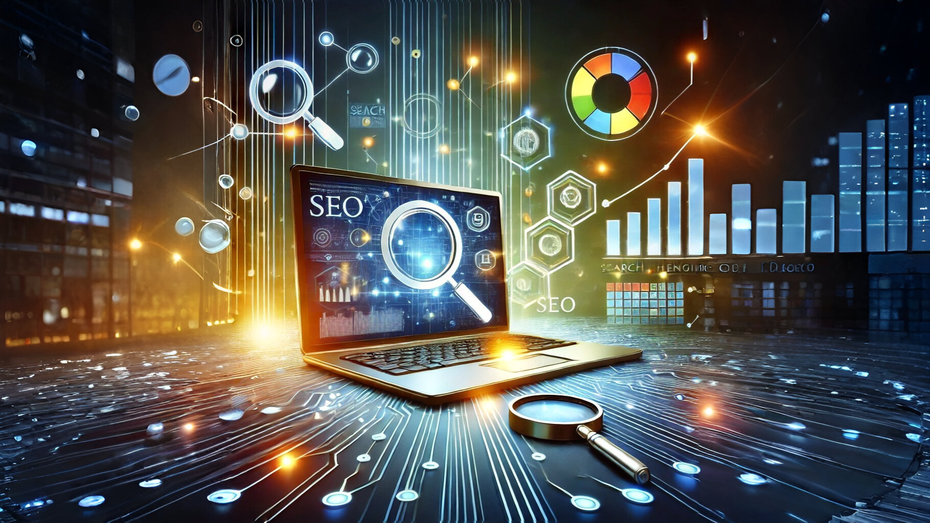 SEO optimization concept with digital marketing icons and analytics